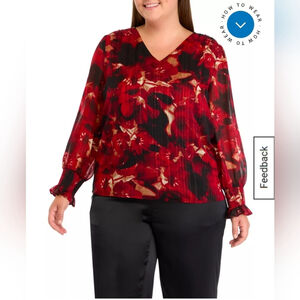 EUC Anne Klein Women's Red & Metallic Floral V-Neck Blouse